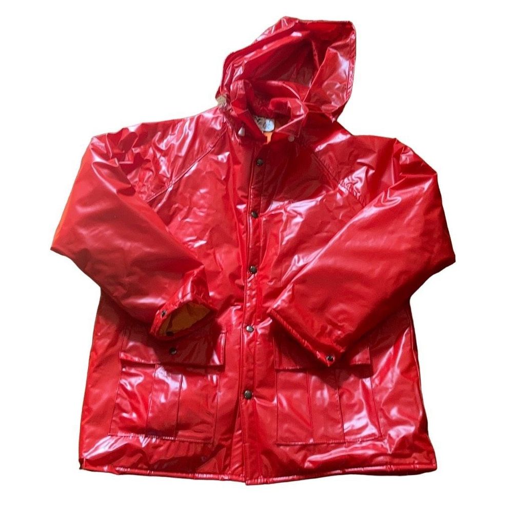 Vintage Men’s Duck Bay PVC Bright Red Orange Detachable Hooded Hunting Jacket M